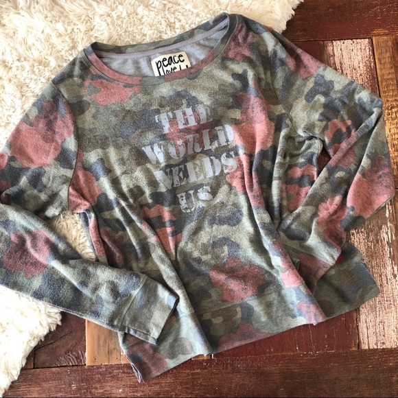Peace Love World Tops - Peace Love World | Camo Pullover Sweatshirt